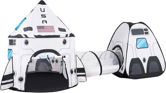 JOYIN White Rocket Ship Pop up Play Tent with Tunnel and Playhouse Kids Indoor Outdoor Spaceship Tent Set-CubbioJoy