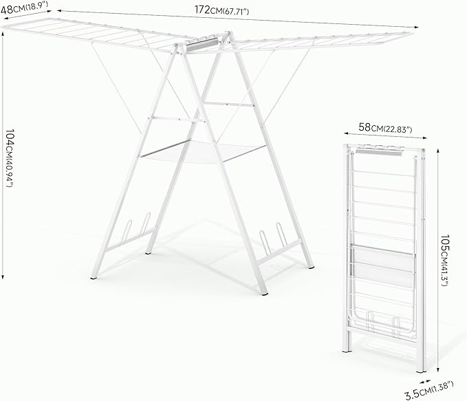 APEXCHASER Drying Rack Clothing, Clothes Drying Rack Foldable, Metal Laundry Drying Rack Collapsible for Sweater Towel Indoor Outdoor, Gullwing Clothes Rack Drying with Height Adjustable Rails, White-CubbioJoy