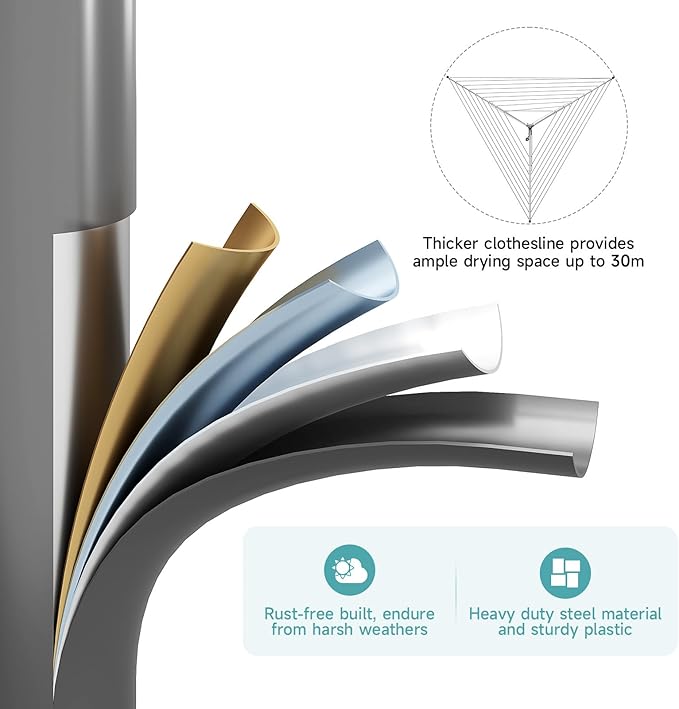 APEXCHASER Clothes Drying Rack, Outdoor Umbrella Drying Rack, Rotary Metal Drying Rack Clothing Foldable, 3-Arms Umbrella Clothesline with 98ft, Steel Frame, Backyard-CubbioJoy