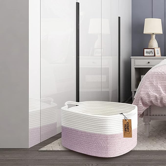 COMFY-HOMI Cotton Rope Woven Medium Basket with Handles for shelf，Cloth Storage Basket for Organizing-13.5X11X9.5 Storage Bin for Bedroom, Newborn or Infant Gift for boy girl （White/Pink）-CubbioJoy