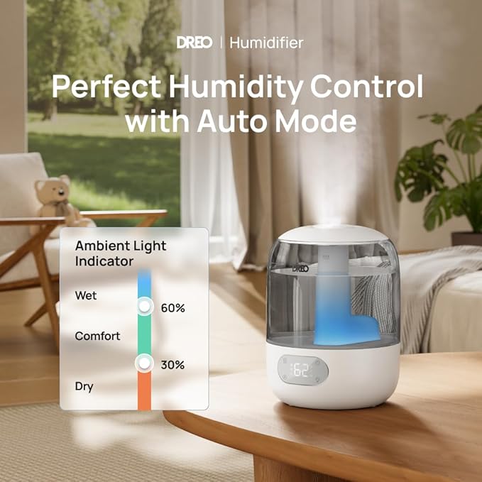Dreo Humidifiers for Bedroom, Cool Mist Ultrasonic Humidifiers with 30Hr Runtime, Top Fill 3L Tank, Easy Clean, Humidity Sensor, Night Light for Baby, Nursery, 360° Nozzle for Plants and Home, Grey-CubbioJoy