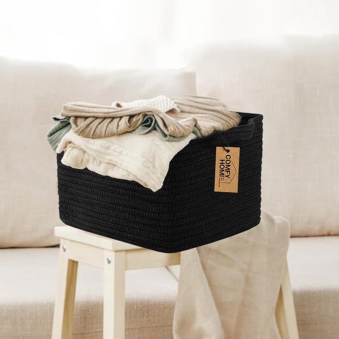 COMFY-HOMI Storage Basket for Shelves, Woven Baskets for Storage, Cotton Rope Basket,Toy Storage Organizer, Storage Cube Bin, Organization and Storage, Towel Baskets for Gift Empty, All Black-CubbioJoy