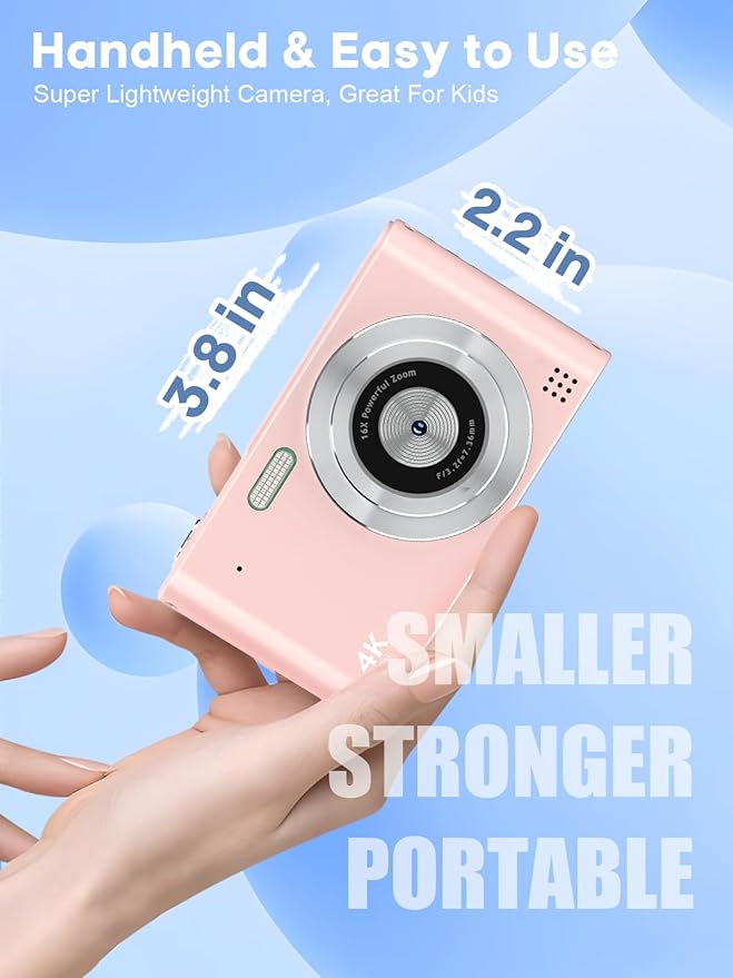 Digital Camera, 44MP Full HD 1080P Point and Shoot Camera with 64GB Card, Anti Shake 16X Zoom Compact Volg Cameras, Portable Small Digicam Gift for Kids, Ages Teen Girl Boy - Pink-CubbioJoy