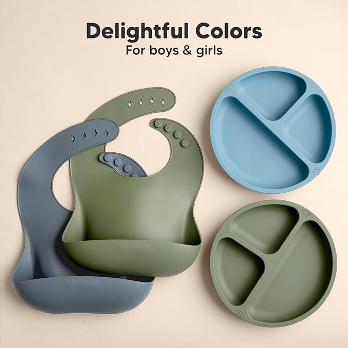 KeaBabies 2-Pack Silicone Baby Bibs for Eating - Sturdy Food-Grade Silicone Bibs for Babies Girl, Boy, Large Food Catcher, Clean & Put On Easily, Waterproof Toddler Feeding Essentials (Slate)-CubbioJoy