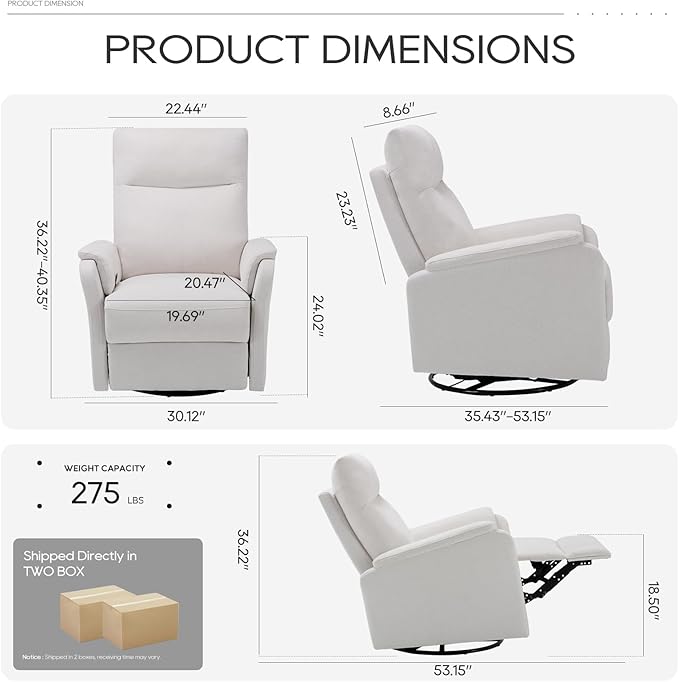 COLAMY Swivel Recliner Chair with Footrest, Rocker Glider Chair High Back with Double-Layer Cushion, Rocker Recliner for Nursery & Living Room, Bedroom, White-CubbioJoy