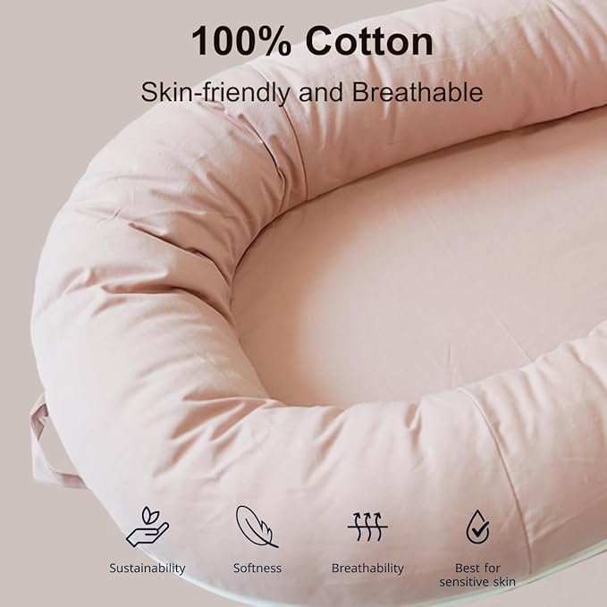 Deluxe Infant Lounger, Baby Nest Cover for Baby Girls & Boys, Newborn Essentials for Baby 0-12 Months, 100% Cotton (DustyRose)-CubbioJoy