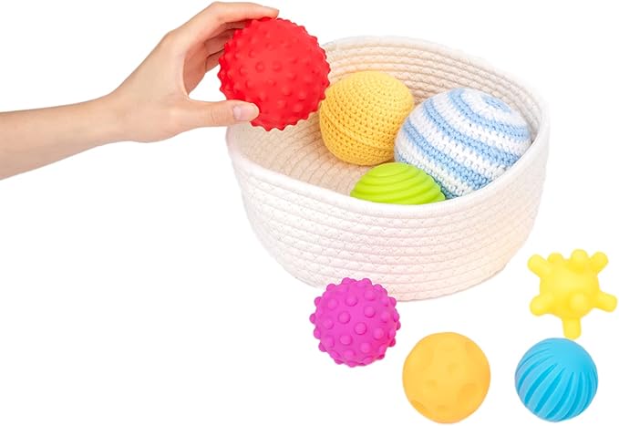 Adena Montessori 8 Pack Sensory Balls for Toddlers 1-3,Sensory Baby Toys 6-12 Months,Infant Educational Squeeze Sensory Toy Soft Multi Ball Set Gifts with Bright Color Textured with White Woven Basket-CubbioJoy