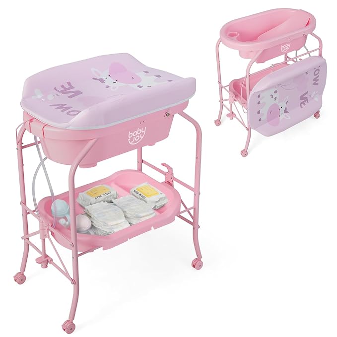 BABY JOY Baby Bathtub with Changing Table, Foldable Infant Diaper Changing Station with Storage Tray, Waterproof Pad, Portable Newborn Nursery Organizer Bath Stand with 4 Universal Wheels (Pink)-CubbioJoy