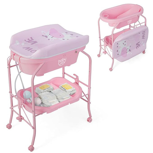 BABY JOY Baby Bathtub with Changing Table, Foldable Infant Diaper Changing Station with Storage Tray, Waterproof Pad, Portable Newborn Nursery Organizer Bath Stand with 4 Universal Wheels (Pink)-CubbioJoy