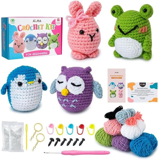 A-URA Learn to Crochet Kit for Beginners Kids and Adults, Premium 4 Animal Pattern Beginner Crochet Kits with Easy Tube Yarn & Step-by-Step Video Tutorials (Forest Friends–Standard Size)-CubbioJoy