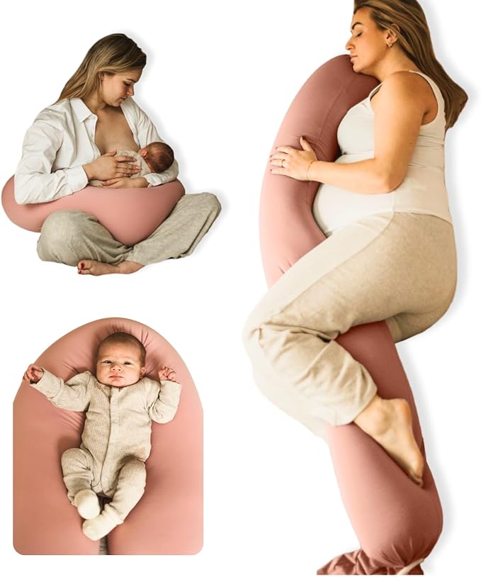 Cuddobaby Pregnancy Pillow 5-in-1 【Cooling Cover, Adjustable Firmness】 Patented Lock Design, Turn into O-Shape Nursing Pillow, 5-Point Full Body Support, Maternity Pillow with Travel Bag - Pink-CubbioJoy