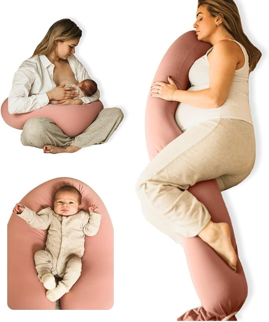 Cuddobaby Pregnancy Pillow 5-in-1 【Cooling Cover, Adjustable Firmness】 Patented Lock Design, Turn into O-Shape Nursing Pillow, 5-Point Full Body Support, Maternity Pillow with Travel Bag - Pink-CubbioJoy