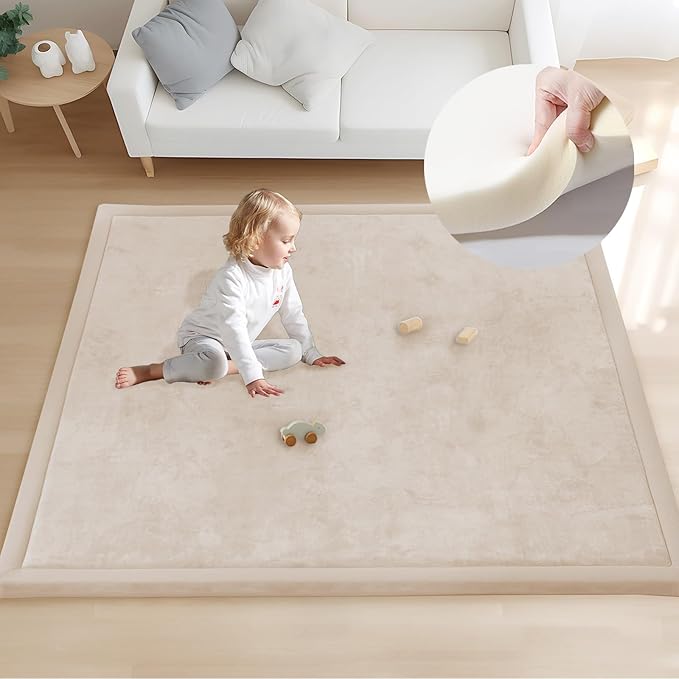 ACOMOPACK Baby Play Mat for Floor 1.3" Thick Memory Foam 50x50 Soft Velvet Playpen Mat for Kids,Infants,Toddlers,Tummy Time Crawling Mats with Non-Slip Bottom,Yoga,Tatami,Nursery Rug（Beige）-CubbioJoy