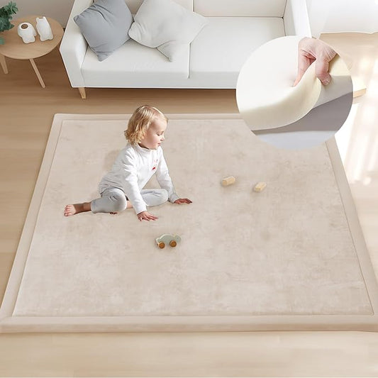 ACOMOPACK Baby Play Mat for Floor 1.3" Thick Memory Foam 50x50 Soft Velvet Playpen Mat for Kids,Infants,Toddlers,Tummy Time Crawling Mats with Non-Slip Bottom,Yoga,Tatami,Nursery Rug（Beige）-CubbioJoy