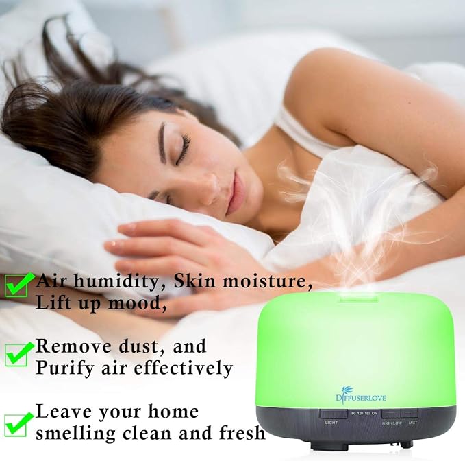 Diffuserlove Essential Oil Diffuser 500ML Aromatherapy Diffuser Mist Humidifiers 7 Color LED Lights Diffusers for Home Office Bedroom (Size:6.7" L x 6.7" W x 4.7" H)-CubbioJoy