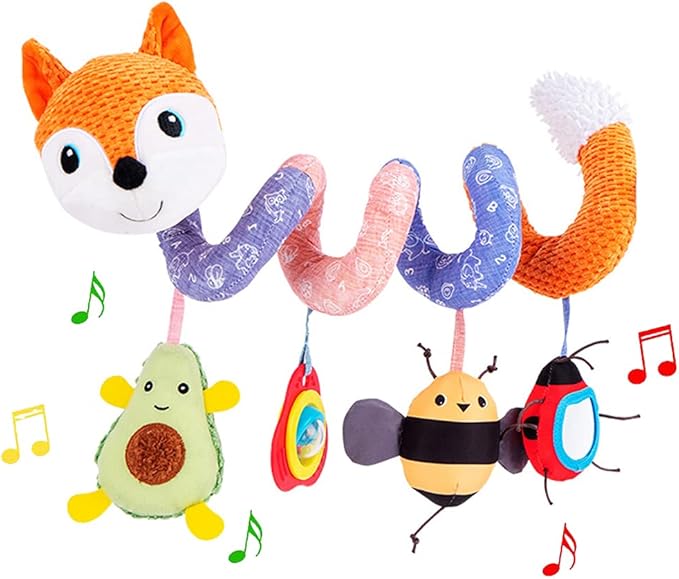 Car Seat Toys, Baby Plush Spiral Hanging Toys for Stroller Crib Bar Bassinet Car Seat Mobile with Music Box BB Squeaker Rattles- Orange Fox-CubbioJoy