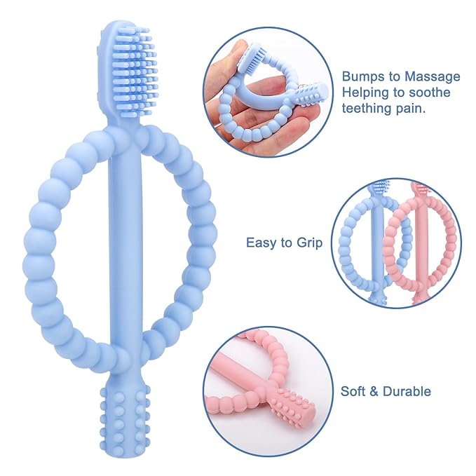 Baby Teething Toys with Easy-Hold Handle, Silicone Infant Toothbrush, Textured On Both Sides Helps Massage, Soothe Sore Gums, Teething Toys for Babies 0-6 Months, 6-12 Months-CubbioJoy