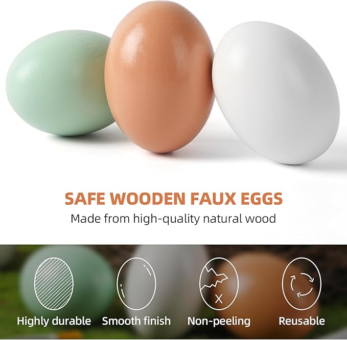 CALPALMY (24 Pieces) Hyper-Realistic Wooden Eggs - 3 Colors Wooden Fake Eggs for Easter, Painting, Decorating, Crafting, Fake Food, and Nest Box Training (8pcs Brown, 8pcs White, 8pcs Green)-CubbioJoy