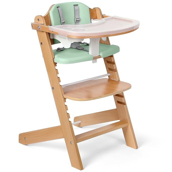 Cowiewie Natural Wooden High Chair for Babies & Toddlers 3-Tier Remove Adjustable Tray and Highchair with Cushions, Easy to Clean, Portable(Green)-CubbioJoy