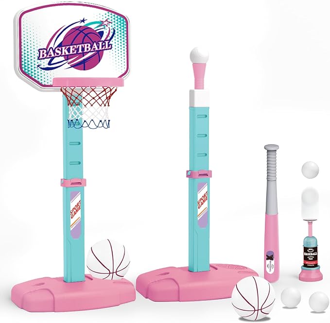 3 in 1 Basketball Hoop and Tee Ball Set for Girls: Baseball Tee with Automatic Pitching Machine Adjustable Height Outdoor and Indoor Sports Toys Christmas Birthday Gift for Kids Age 1-8 Year Old Pink-CubbioJoy