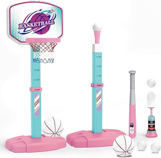 3 in 1 Basketball Hoop and Tee Ball Set for Girls: Baseball Tee with Automatic Pitching Machine Adjustable Height Outdoor and Indoor Sports Toys Christmas Birthday Gift for Kids Age 1-8 Year Old Pink-CubbioJoy