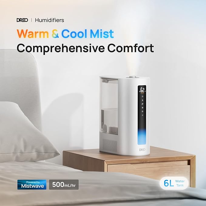 Dreo 6L Humidifier Large Room, Warm & Cool Mist Humidifiers for Bedroom, 60H Runtime, 12H Timer, Top Fill, Humidity Indicator Light, Baby, Plants, Easy Clean, HM713-CubbioJoy