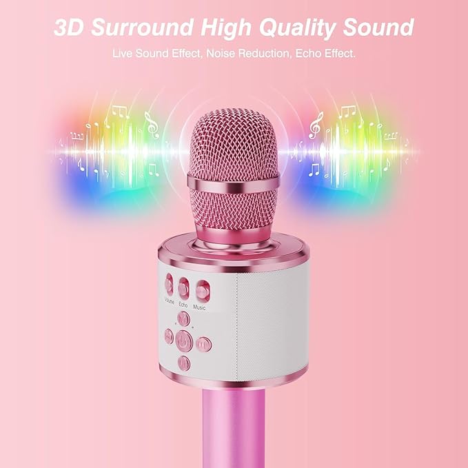 BONAOK Karaoke Microphone for Kids & Adults - Bluetooth Microphones Singing Mic with Disco Lights, Echo Effect, Built-in Speaker Portable Karaoke Player for Party Travel Gifts Q78(Light Pink)-CubbioJoy
