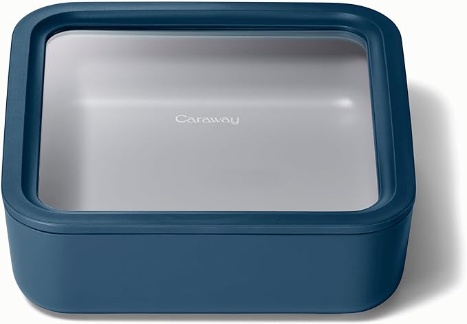 Caraway Glass Food Storage, 10 Cup Glass Container,Ceramic Coated Food Container,Easy to Store, Non Toxic, Non Stick Lunch Box Container with Glass Lids. Dishwasher, Oven,Square Shape,Navy-CubbioJoy
