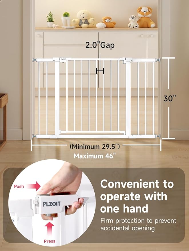 Baby Gate for Stairs, 30'' Tall 29.5-46" Extra Wide Dog Gate for Stairs Walk Thru Auto Close Metal Pet Gate for The House, Stairs and Doorways Child Gate Pressure Mounted Safety Gate Indoor - White-CubbioJoy