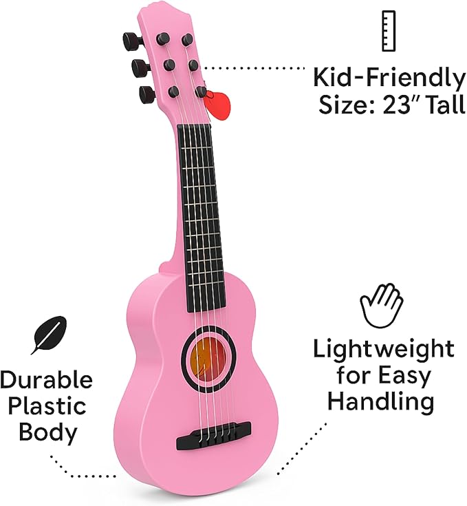 23" Acoustic Guitar, Kids 6 String Toy Guitar - Realistic Steel Strings - Beginner Practice First Musical Instrument for Children, Toddlers (Pink)-CubbioJoy