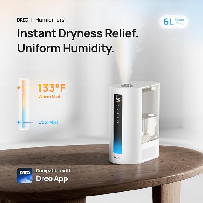Dreo 6L Humidifiers for Bedroom, Smart Warm & Cool Mist for Large Room, 60Hr Quiet Runtime for Baby, Plant, Humidity Sensor, Indicator Light, 12H Timer, Google/Alexa, White-CubbioJoy