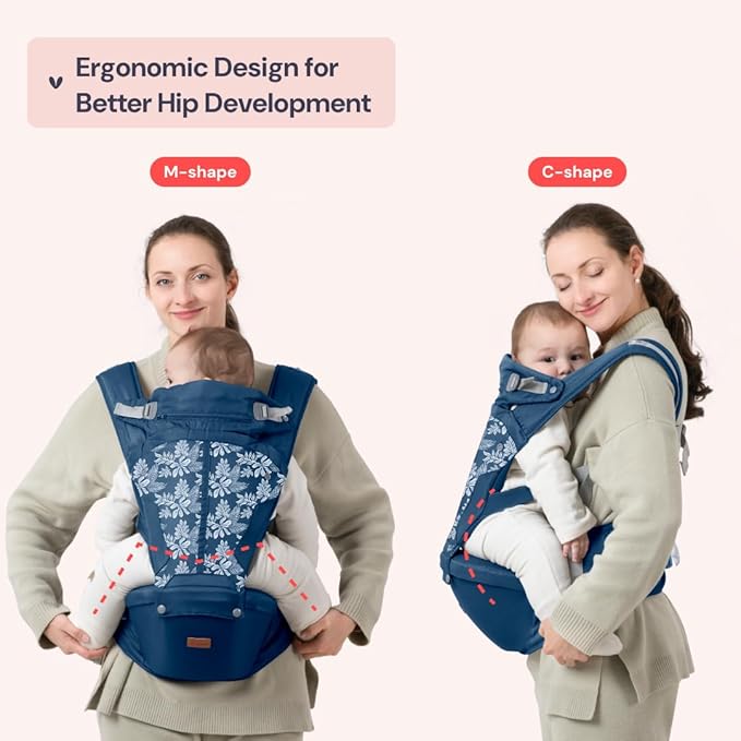 BabbleRoo Grow Carrier – Safety-Certified 6-in-1 Baby Carrier with Hip Seat, Ergonomic & Adjustable Toddler Carrier 7-50 lbs with Hip Support, Hood for Sun Protection, Newborn to Toddler, Denim Leaves-CubbioJoy