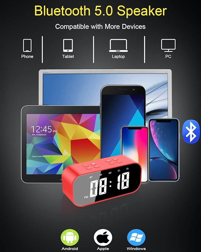 AFK Alarm Clock with Bluetooth Speaker,Digital Clock for Bedrooms,Alarm Clock for Heavy Sleepers Adults with Dual Alarm,Snooze,Dimmable LED Display.-CubbioJoy