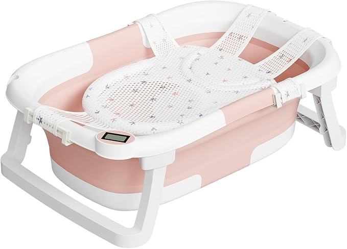Collapsible Baby Bathtub,Baby Bath Tub with Soft Cushion & Thermometer,Baby Bathtub Newborn to Toddler 0-36 Months,Portable Travel Baby Tub-CubbioJoy