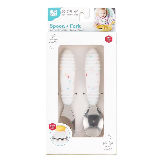 Bumkins Toddler Utensils, Kids Size Fork and Spoon Set, Silicone and Stainless-Steel Training Silverware, Angled Forks/Sporks Feeding, Children Hold Learning to Eat, 18 Mos Up, Vanilla Sprinkles-CubbioJoy