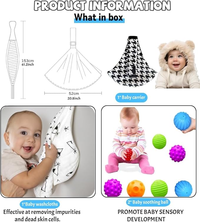 Baby Sling Carrier Adjustable Baby Sling 2025 Upgraded Toddler Sling Comfortable Baby Wrap Carriers Ergonomic-Designed, Travel Friendly Carrying 10-45 Lbs Blackwhite-CubbioJoy