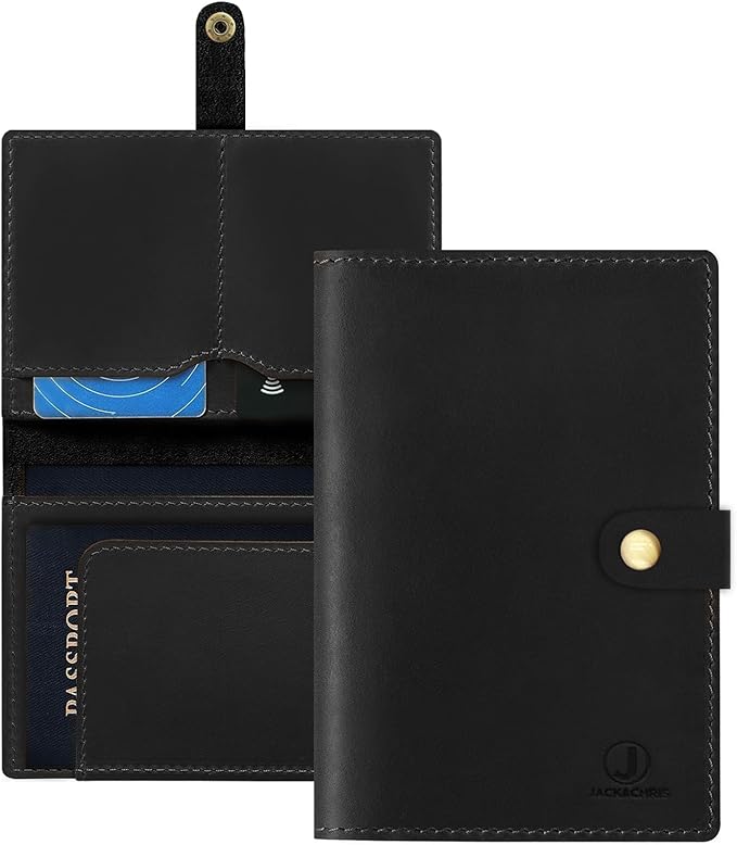 Jack&Chris Genuine Leather Passport Holder for Travel, RFID Blocking Handmade Passport Holder with Card Case Organized & Safe, Quality Travel Essentials for Women and Men for Gifting, Black-CubbioJoy