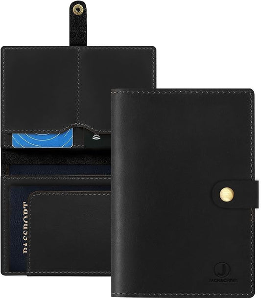 Jack&Chris Genuine Leather Passport Holder for Travel, RFID Blocking Handmade Passport Holder with Card Case Organized & Safe, Quality Travel Essentials for Women and Men for Gifting, Black-CubbioJoy