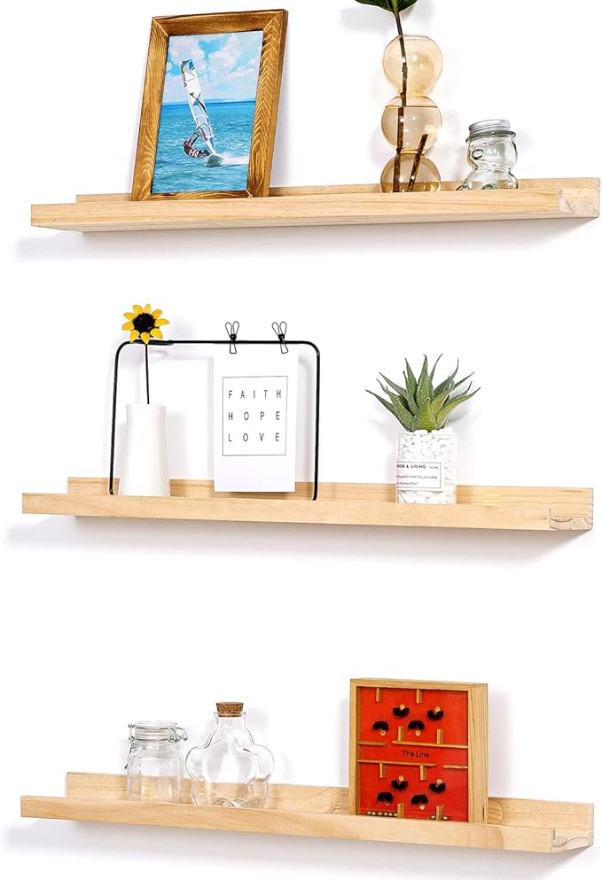 AZSKY Natural Wood Wall Mounted Shelves 24 Inch Floating Wall Book Shelf Floating Ledge Storage Rustic Shelves Photo Picture Ledge for Home Decor a Set of 3-CubbioJoy