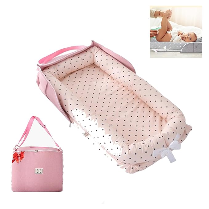 Baby Lounger for Newborn Portable Bag,Baby Nest Play Gym mat with Strap,Newborn Lounger Adjustable Size & Inner Zipper Lengthen Space to 24 Months(Pink Polka Dots)-CubbioJoy