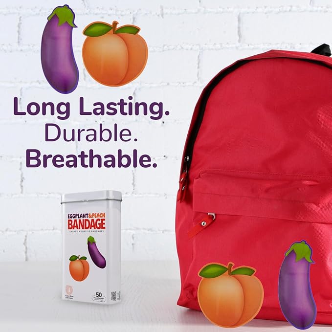 BioSwiss Bandages, Eggplant and Peach Shaped Adult Self Adhesive Bandage, Latex Free Sterile Wound Care, Funny First Aid Kit Supplies for Adults, 50 Count-CubbioJoy