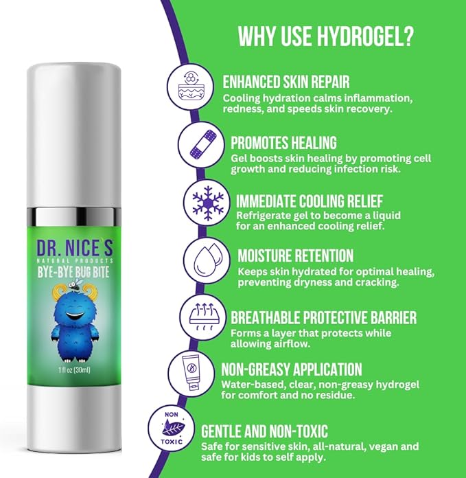 Dr. Nice’s Bye-Bye Bug Bite - Soothing Bug and Mosquito Bite Itch | All Natural | Kid Friendly Self Application | Hydrogel for Bites, Irritation, Skin Discomfort | Soothe Refresh Calm Cool (30 ML)-CubbioJoy