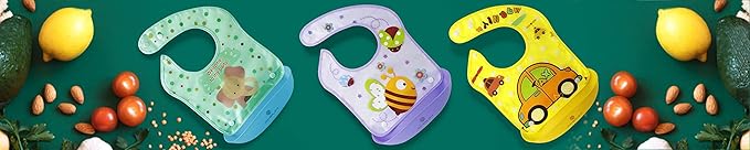 Amplim Baby Feeding Bib (3-Pack) Toddler/Baby Bibs for Eating. Waterproof, Adjustable, Lightweight. Eco-friendly PEVA material. BPA, Lead, Phthalate, Cadmium free-CubbioJoy