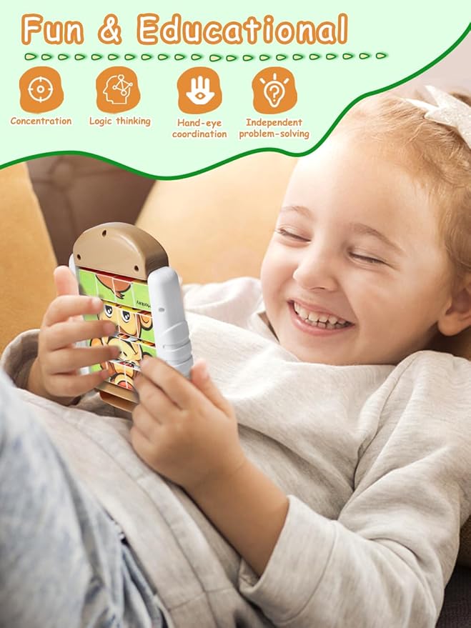 16-Piece Rotating Puzzles for Kids 4-6, Toddlers Puzzles 2-4, Road Trip, Airplane Activities Game, Travel Toys - Brain Teaser, Fine Motor Skills - Birthday Gifts Boys & Girls - Animals-CubbioJoy