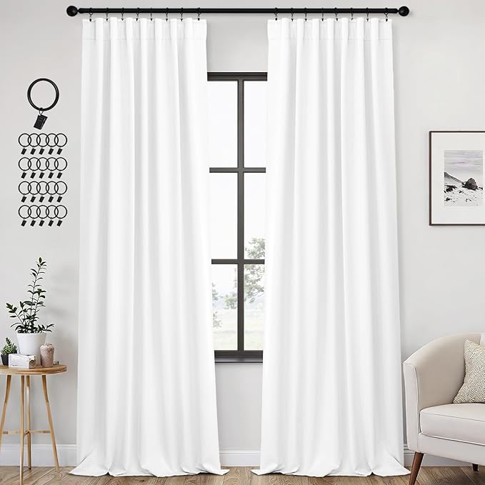 ANRODUO Back Tab Blackout Curtains for Bedroom Living Room, Rod Pocket Pinch Pleated Thermal Insulated Room Darkening Curtains 96 Inches Long 2 Panels, White, 42 x 96 Inch-CubbioJoy
