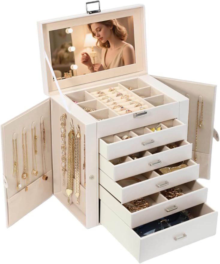 BOOVO Jewelry Box For women, 6 Layer Large Jewelry Organizer With Mirror, Multi-Function Storage Box With Lock, Accessory Holder With 5 Drawers, For Earrings Necklace Ring Bracelet (Pearl White)-CubbioJoy