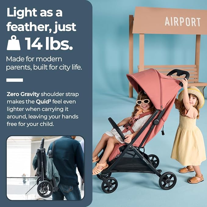 Inglesina Quid³ Stroller, Aurora Pink - Compact Reclining Travel Stroller for Baby & Toddler 0-55 lbs, One Hand fold, Car seat Compatible, Airplane Overhead, Lightweight, Foldable, XL UPF 50+ Canopy-CubbioJoy