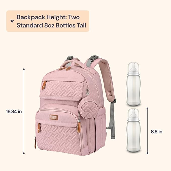 BabbleRoo Diaper Bag Backpack, Travel Backpack with Changing Pad, Pacifier Case & Stroller Straps, Multifunction, Waterproof, Unisex – Pink-CubbioJoy