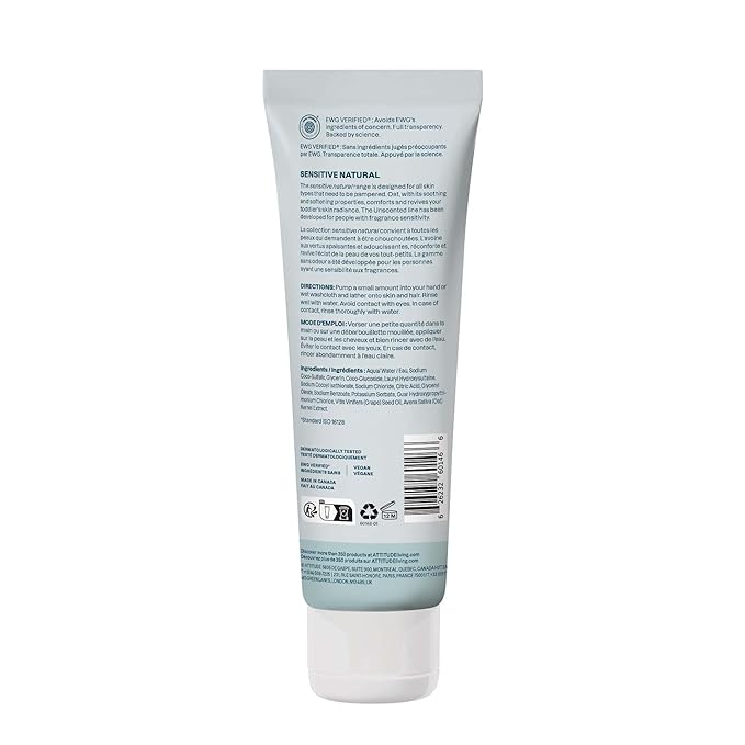 ATTITUDE 2-in-1 Shampoo and Body Wash for Baby, EWG Verified, Extra Gentle, Enriched with Oatmeal, Dermatologically Tested, Vegan, Unscented, 8 Fl Oz-CubbioJoy