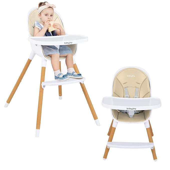 BABY JOY Convertible Baby High Chair, 3 in 1 Wooden Highchair/Booster/Chair with Removable Tray, Adjustable Legs, 5-Point Harness, PU Cushion and Footrest for Baby, Infants, Toddlers (Beige)-CubbioJoy